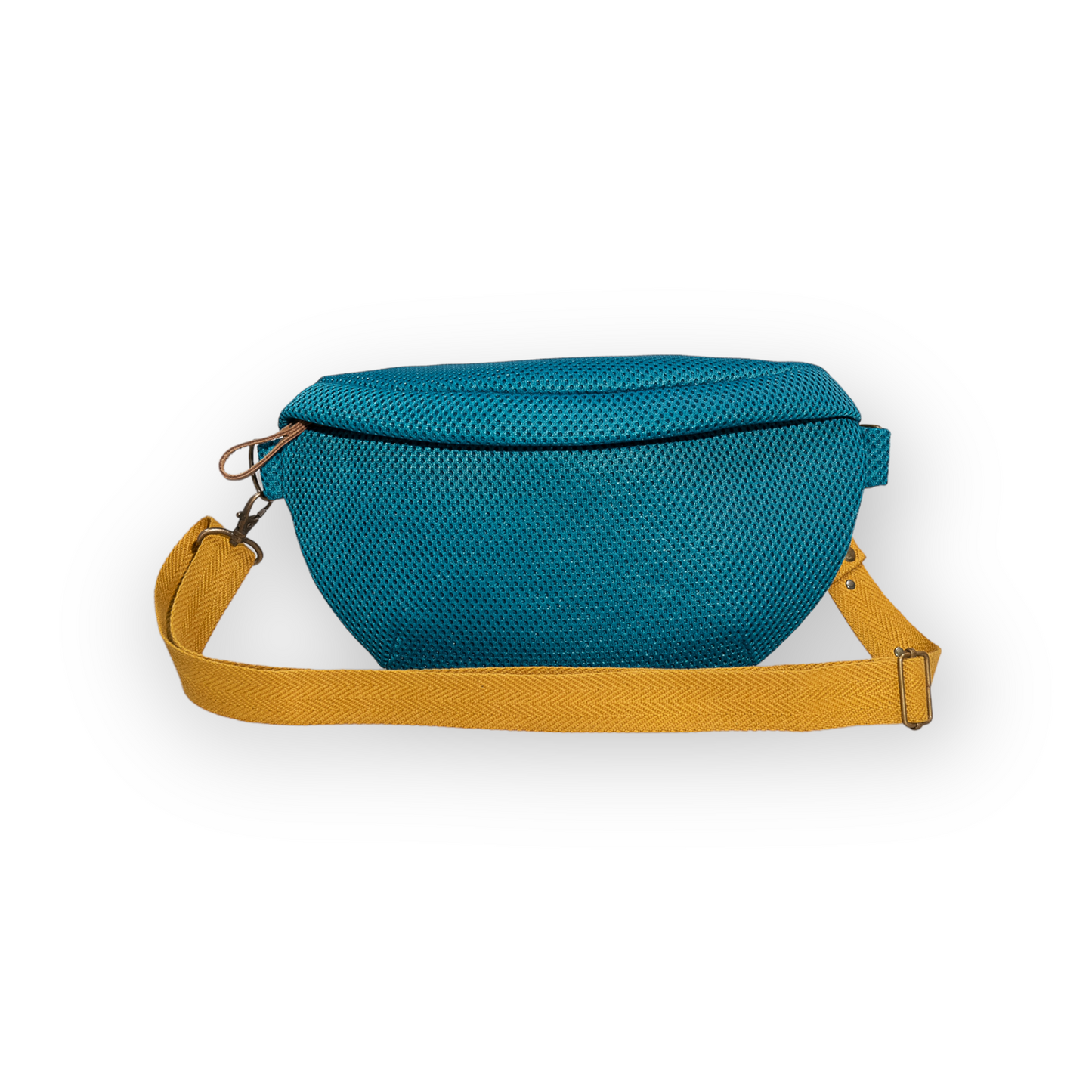 Riñonera tejido 3D hecha a mano color turquesa con cinta mostaza. Correas intercambiables