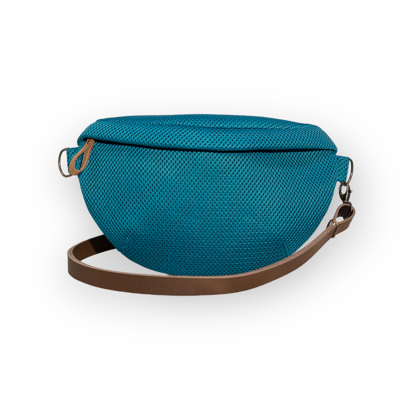 Riñonera tejido 3D hecha a mano color turquesa con cinta cuero marrón. Correas intercambiable
