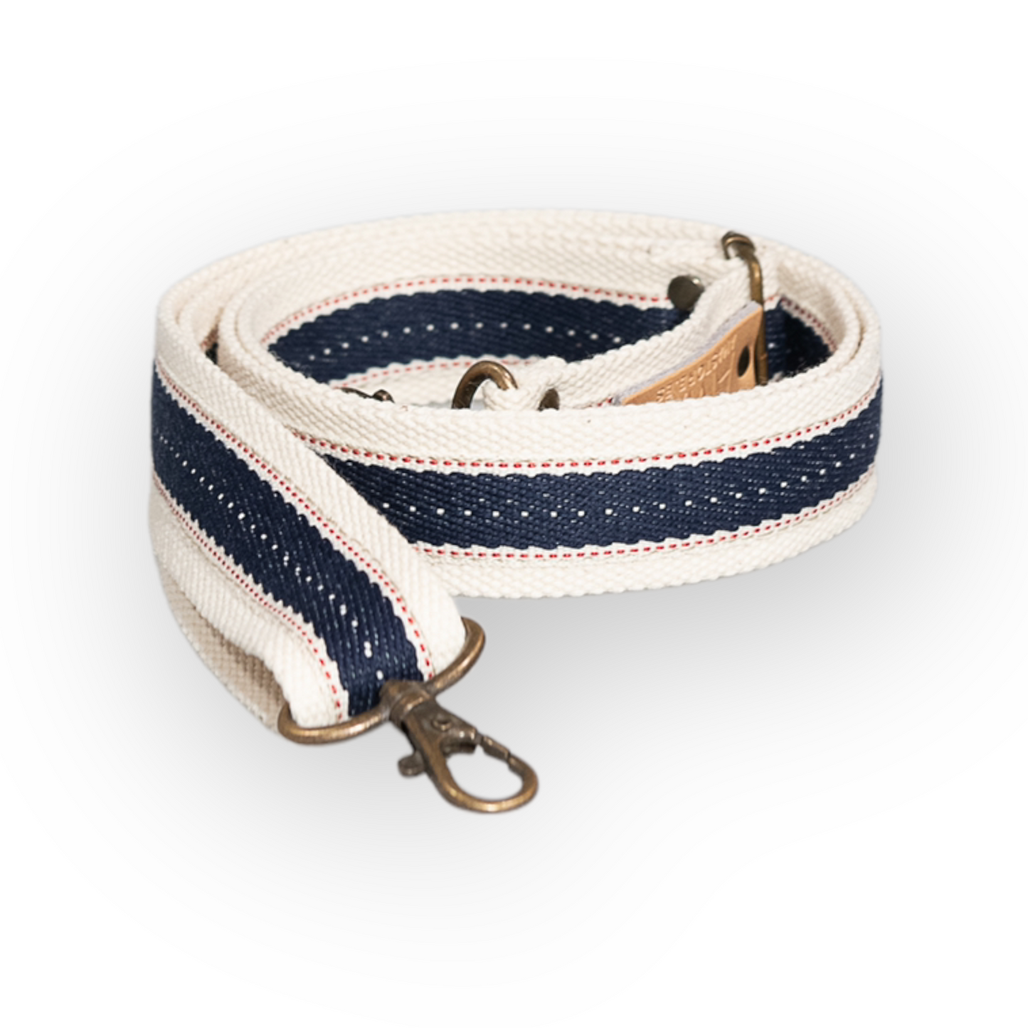 Correa bolso algodón raya azul. Combina tu bolso con diferentes correas hechas a mano para darle personalidad a tu riñonera o bolso. Las asas están realizadas de algodón reciclado o de piel vaquetilla y regulador y 2 mosquetones en Oro Viejo.
