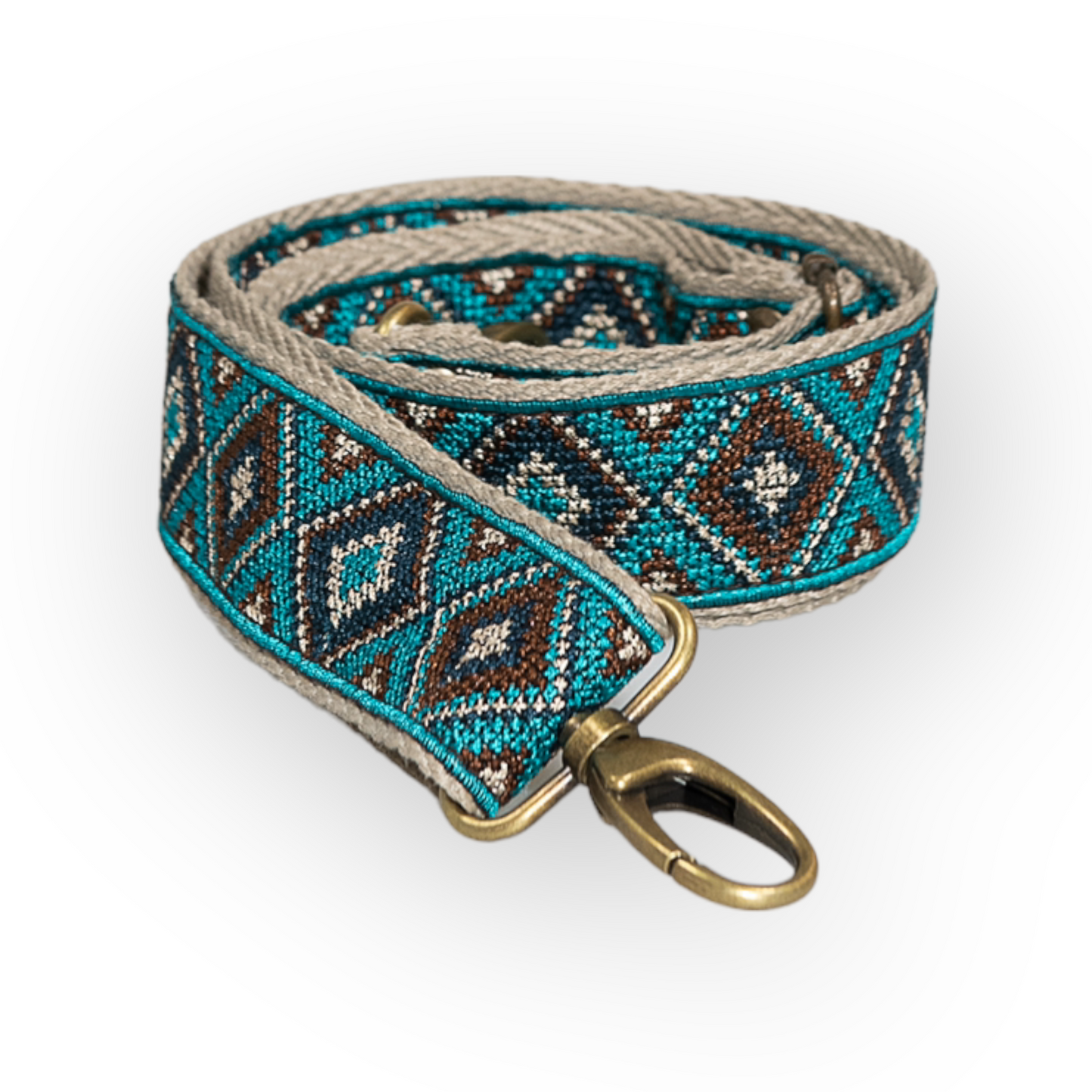 Correa bolso algodón con zenefa turquesa Combina tu bolso con diferentes correas hechas a mano para darle personalidad a tu riñonera o bolso. Las asas están realizadas de algodón reciclado o de piel vaquetilla y regulador y 2 mosquetones en Oro Viejo.