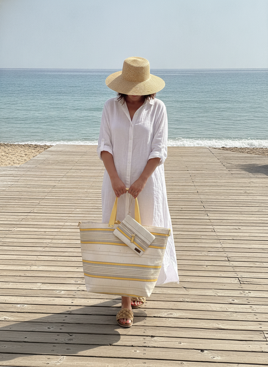 Pack de playa impermeable de tejido de toldo vintage hecho a mano en Barcelona. Bolso versátil con neceser impermeable. Diseño artesanal y único.