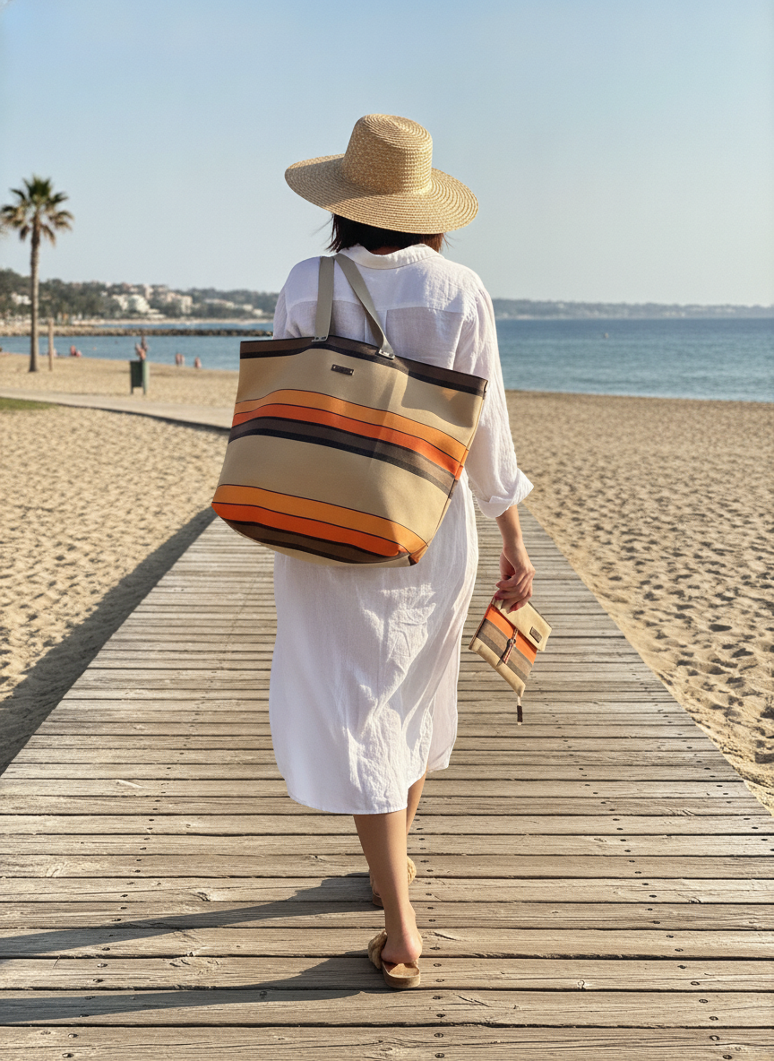 Pack de playa impermeable de tejido de toldo vintage hecho a mano en Barcelona. Bolso versátil con neceser impermeable. Diseño artesanal y único.