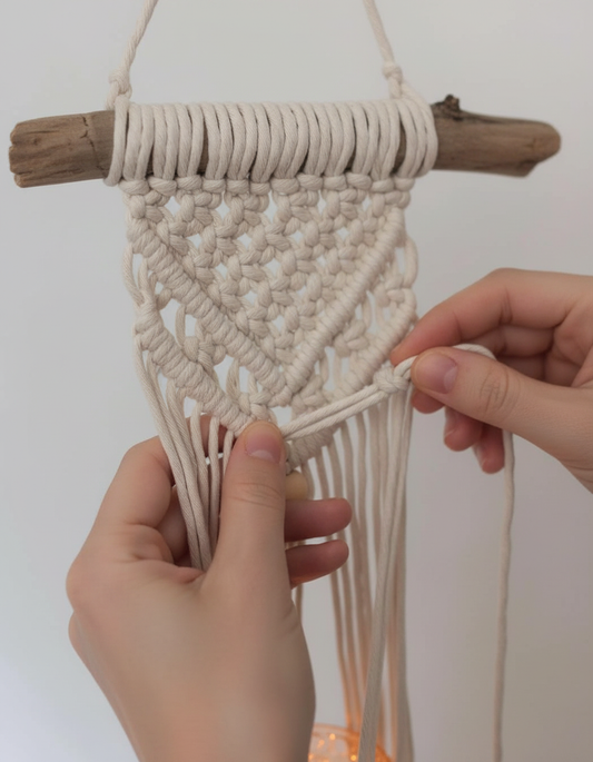 Manos creando nudos de macramé durante un taller creativo en Barcelona para principiantes