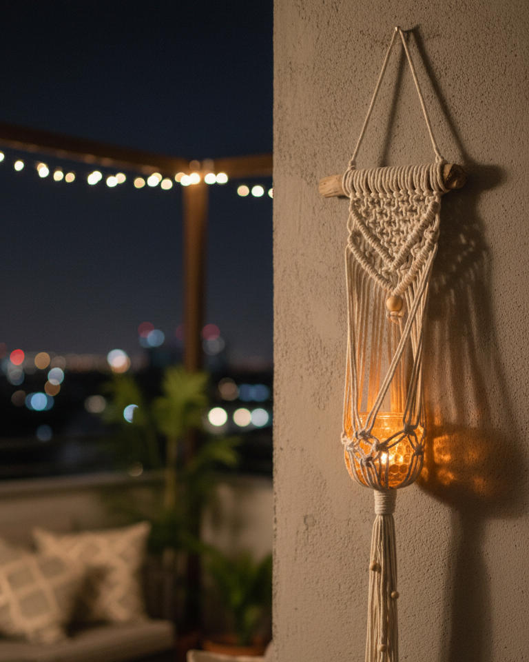 Porta velas colgante de macramé hecho a mano en taller de macramé en Barcelona, pieza decorativa artesanal